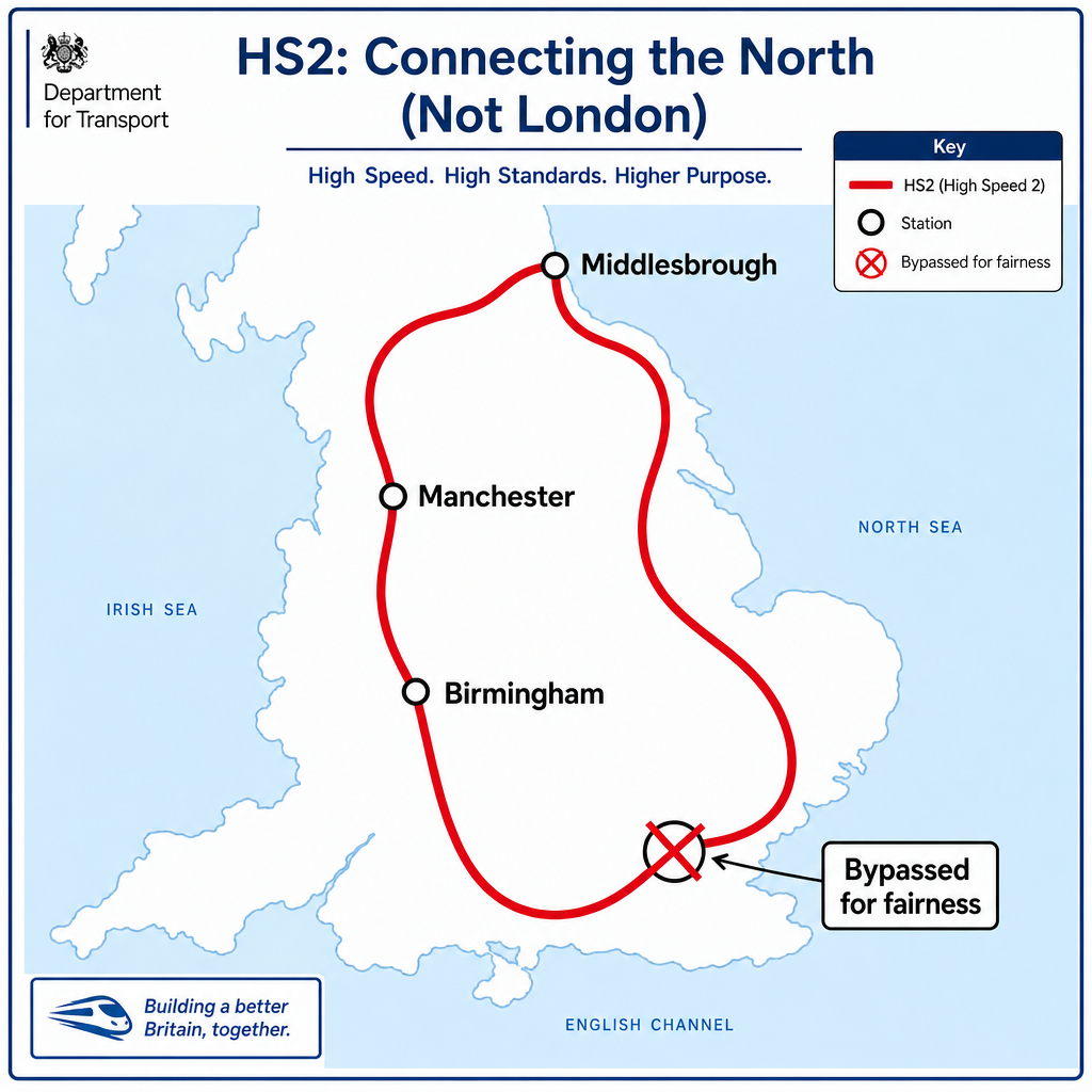 Satirical map of the revised HS2 route connecting Manchester, Birmingham and Middlesbrough, with London crossed out and labelled 'Bypassed for fairness'.