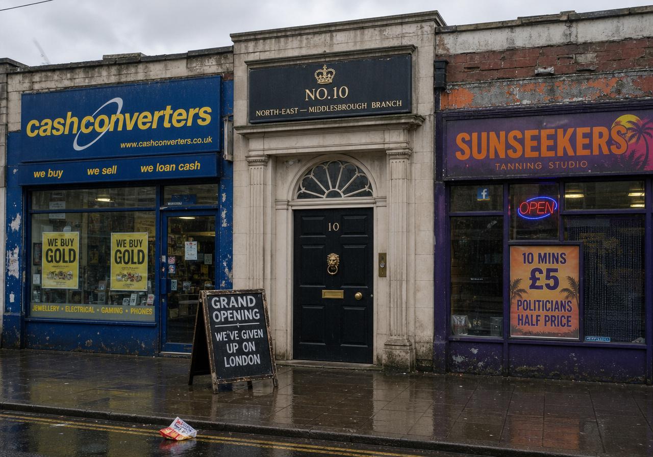 A bleak high street with a Cash Converters on the left, the No.10 North-East Middlesbrough branch in the centre with a sandwich board reading 'We've given up on London', and a Sunseekers tanning salon on the right.